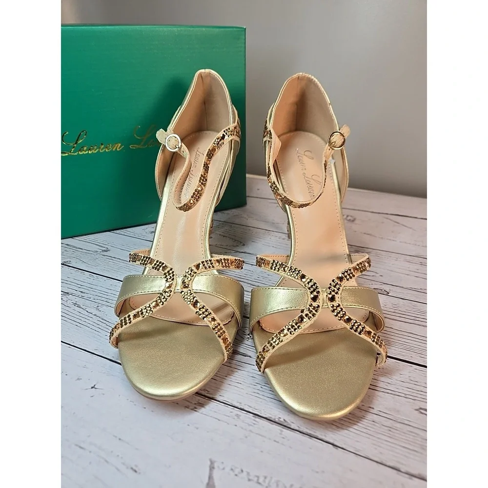 Lauren Lorraine Daisey Gold Rhinestone Heels Evening Party Holiday Sparkle Sz 11